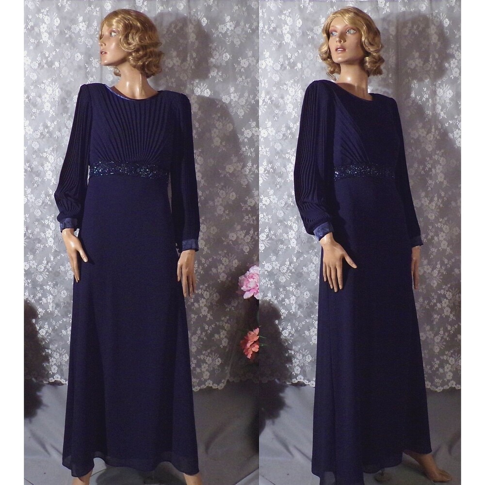 Vintage 90s Dark Blue Evening Gown Size Medium Art Deco Chiffon Formal Dress